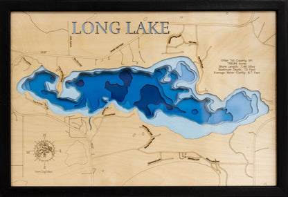 Precision-cut wooden map of 3D Lake Map of Long Lake in Otter Tail County, MN, perfect for unique decor.