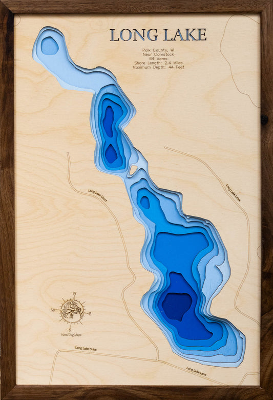 Detailed wooden relief map of Long Lake in Polk County, WI, showcasing its natural beauty.