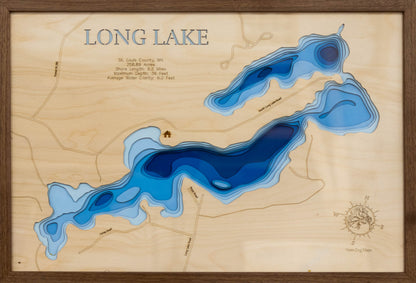 Long Lake in St. Louis County, MN in stunning 3D wood map design, with detailed topography.