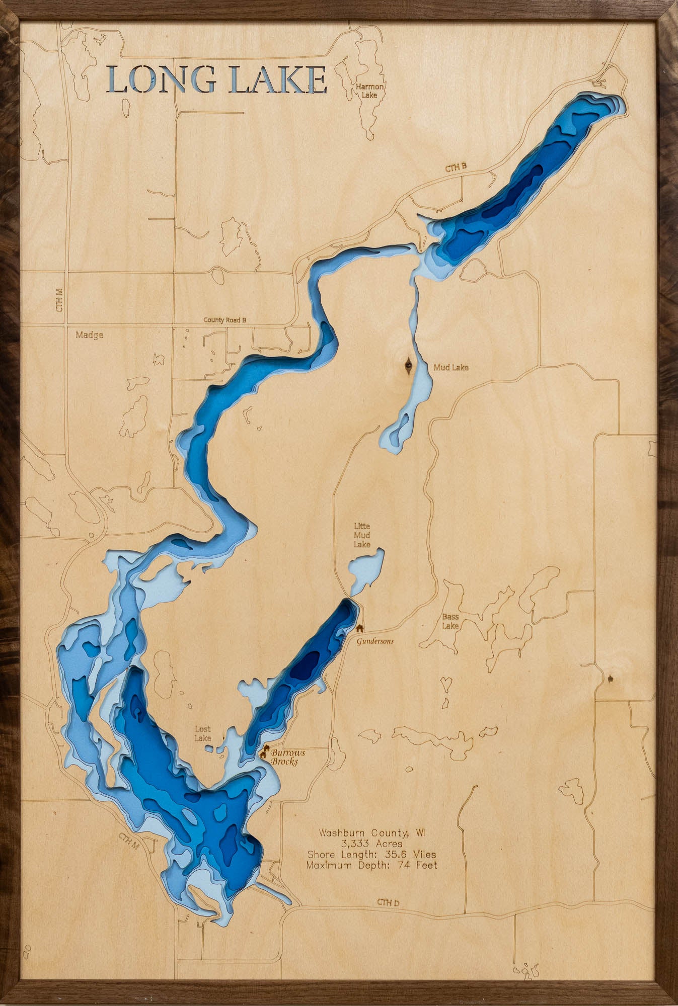 Artisanally carved wooden lake map of 3d Depth Map of Long Lake in Washburn County, WI, highlighting bathymetry.