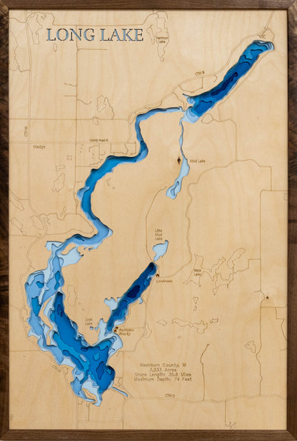 Artisanally carved wooden lake map of 3d Depth Map of Long Lake in Washburn County, WI, highlighting bathymetry.