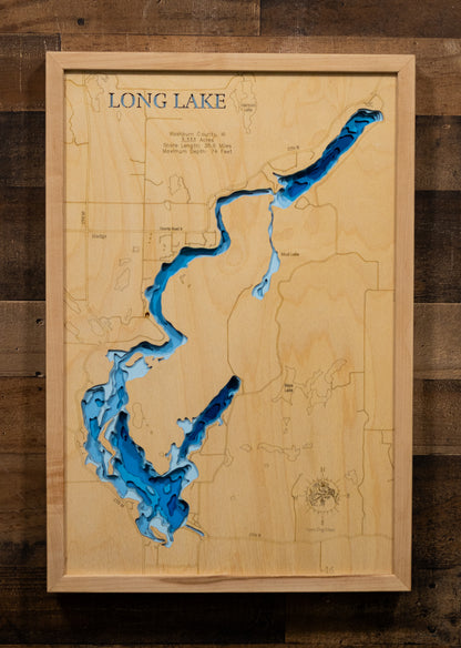 Artisanally carved wooden lake map of 3d Depth Map of Long Lake in Washburn County, WI, highlighting bathymetry.