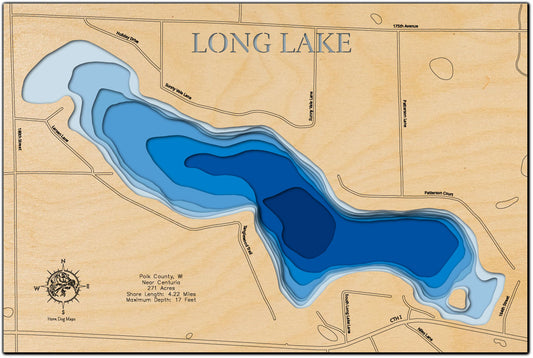 Long Lake in Polk County, WI 3D depth map, laser cut from high-quality wood.