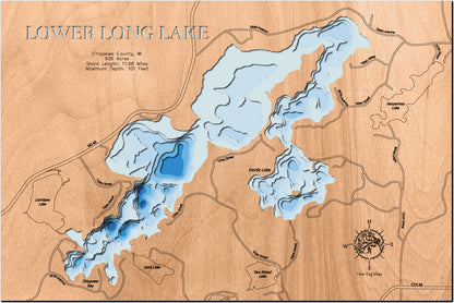 3D wooden lake map of Long Lake, Also known as Lower Long Lake in Chippewa County, WI, showcasing detailed depth layers and contours.