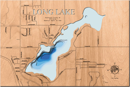 Handcrafted 3D wood map of Long Lake in Kalamazoo County, MI, ideal for lake enthusiasts.