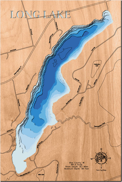 Precision-cut wooden map of Long Lake in Vilas County, WI, perfect for unique decor.