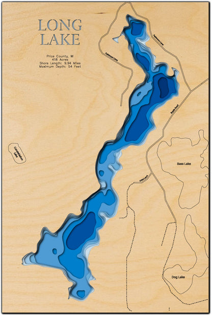 High-definition wooden relief map of Long Lake in Price County, WI, handmade for durability.