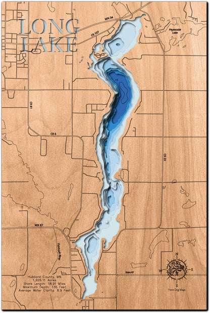 Handcrafted 3D wood map of Long Lake in Hubbard County, MN, ideal for lake enthusiasts.