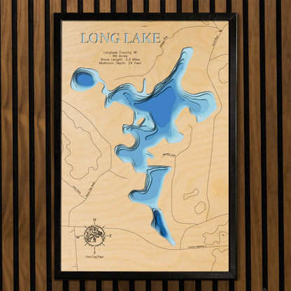 Unique wooden lake map of Long Lake in Langlade County, WI, featuring intricate depth details.