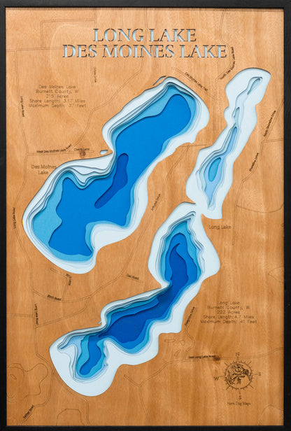 Artisanally carved wooden lake map of Des Moines Lake and Long Lake in Burnett County, WI, highlighting bathymetry.