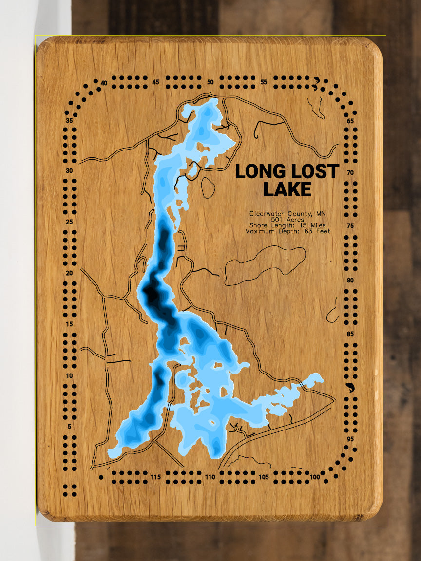 Long Lost Lake Cribbage board on White Oak