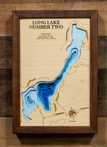 Long Lake Number Two in Cass County, MN custom 3D wood map, perfect for home decor and gifts.