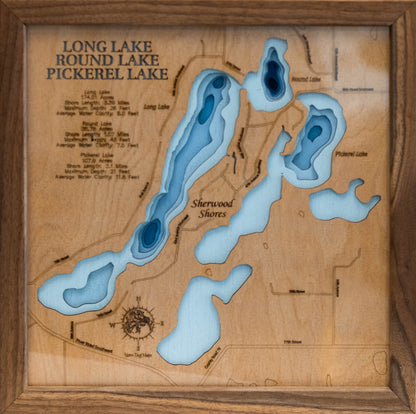 Handcrafted 3D wood map of Long, Round, and Pickerel Lakes in Sherburne County, MN  , ideal for lake enthusiasts.