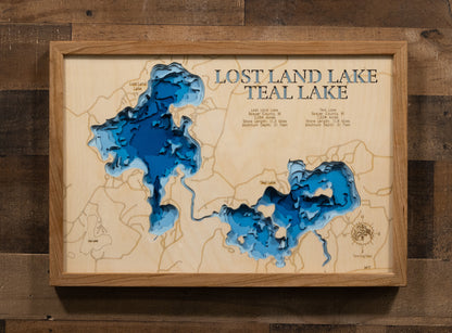 Decorative 3D wooden lake map of Lost Land Lake and Teal Lake in Sawyer County, WI, crafted with care.