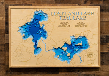 Decorative 3D wooden lake map of Lost Land Lake and Teal Lake in Sawyer County, WI, crafted with care.