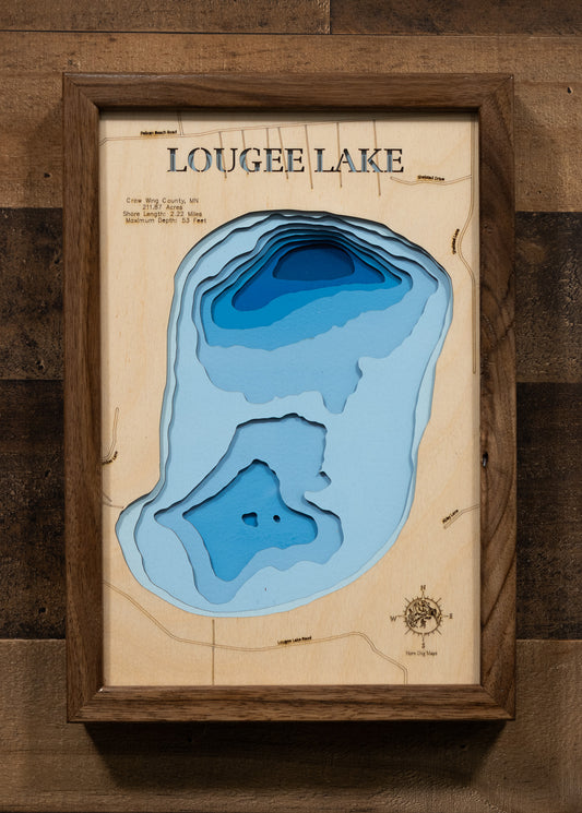 Exquisite wooden map of Laser Cut Lake Map of Lougee Lake in Crow Wing County, MN with detailed lakebed features.