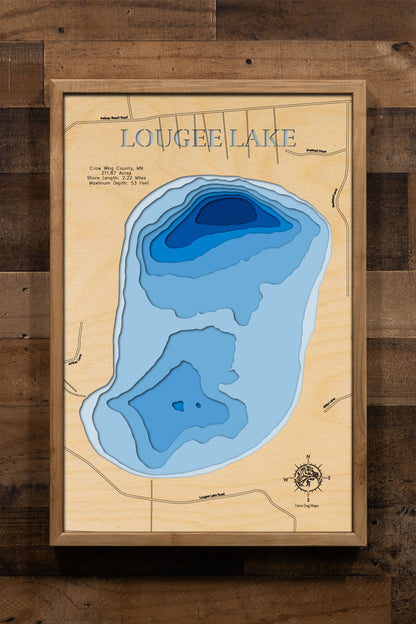 Exquisite wooden map of Laser Cut Lake Map of Lougee Lake in Crow Wing County, MN with detailed lakebed features.