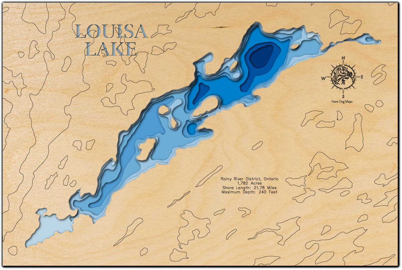 Custom wooden map of Louisa Lake in Rainy River District, ON with layered depth highlights.