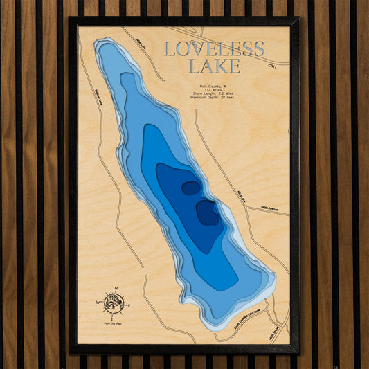 Artisanally carved wooden lake map of Loveless Lake in Polk County, WI, highlighting bathymetry.