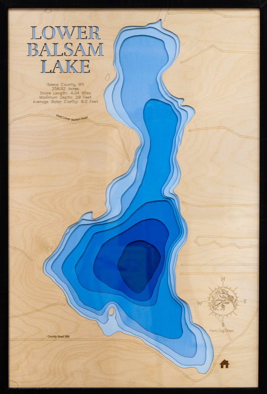 Precision-cut wooden map of Lower Balsam Lake in Itasca County, MN, perfect for unique decor.