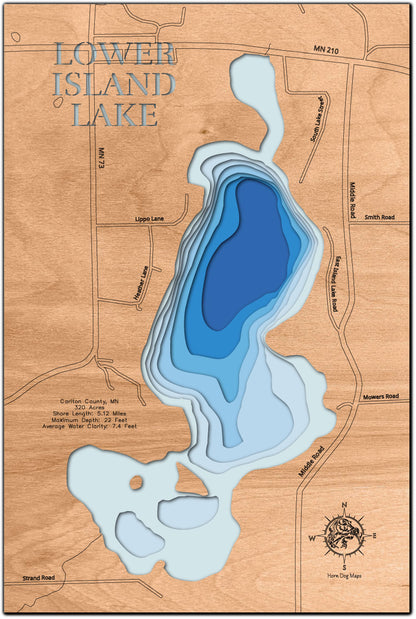 3D wooden lake map of Lower Island Lake in Carlton County, MN, Near Cromwell, showcasing detailed depth layers and contours.