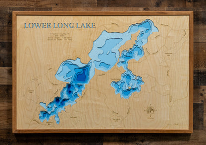 3D wooden lake map of Long Lake, Also known as Lower Long Lake in Chippewa County, WI, showcasing detailed depth layers and contours.