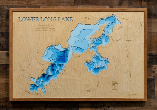 3D wooden lake map of Long Lake, Also known as Lower Long Lake in Chippewa County, WI, showcasing detailed depth layers and contours.