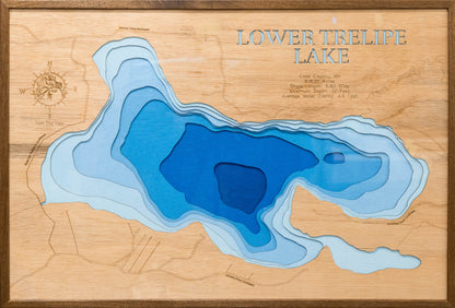 Lower Trelipe Lake in Cass County, MN 3D depth map, laser cut from high-quality wood.