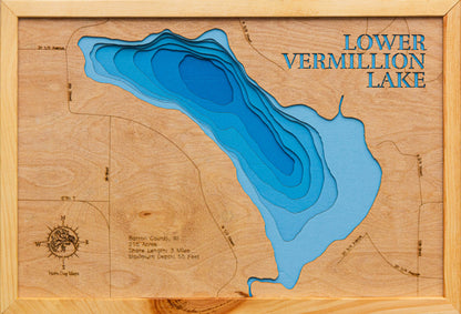 Decorative 3D wooden lake map of Lower Vermillion Lake in Barron County, WI, crafted with care.