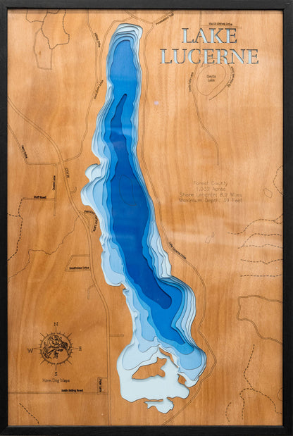 3D Wooden Lake Map of Lake Lucerne in Forest County, Wisconsin custom 3D wood map, perfect for home decor and gifts.