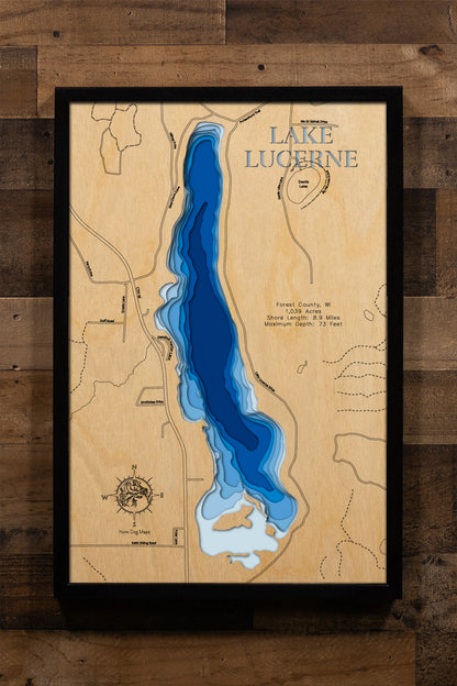 3D Wooden Lake Map of Lake Lucerne in Forest County, Wisconsin custom 3D wood map, perfect for home decor and gifts.