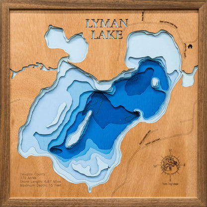 Artisanally carved wooden lake map of Lyman Lake in Douglas County, WI, highlighting bathymetry.