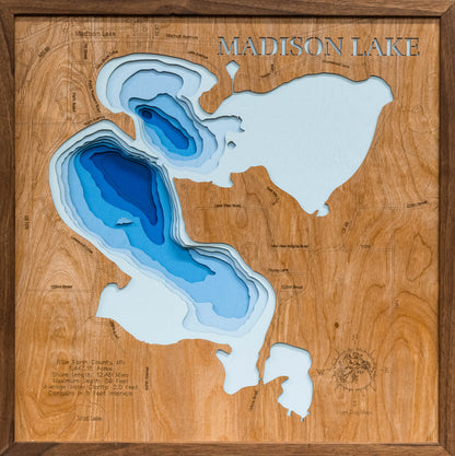 Decorative 3D wooden lake map of Madison Lake in Blue Earth County, MN, crafted with care.