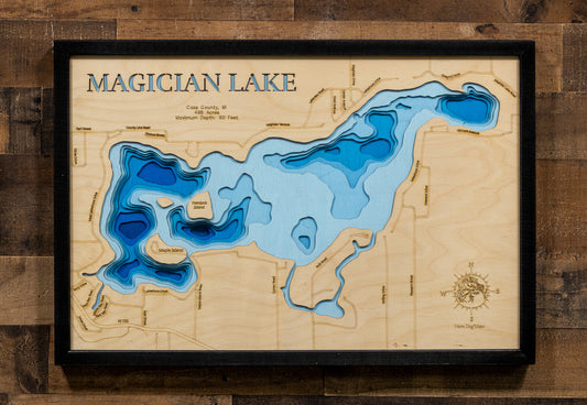 Magician Lake in Cass County, MI custom 3D wood map, perfect for home decor and gifts.