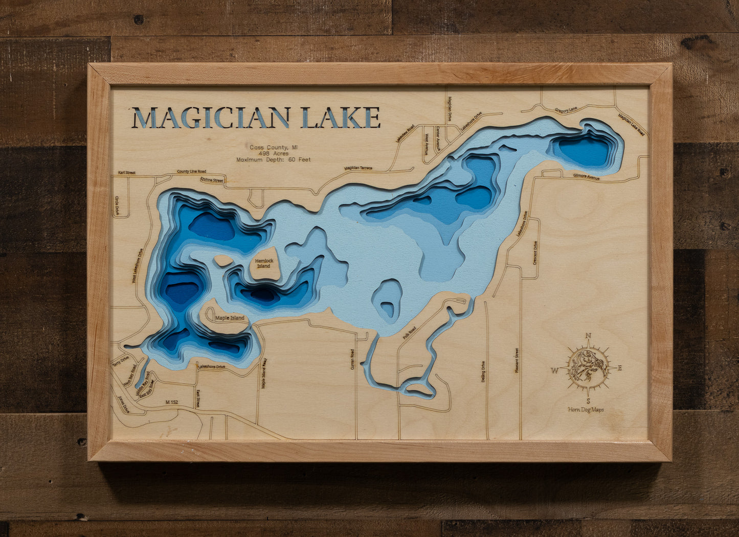 Magician Lake in Cass County, MI custom 3D wood map, perfect for home decor and gifts.