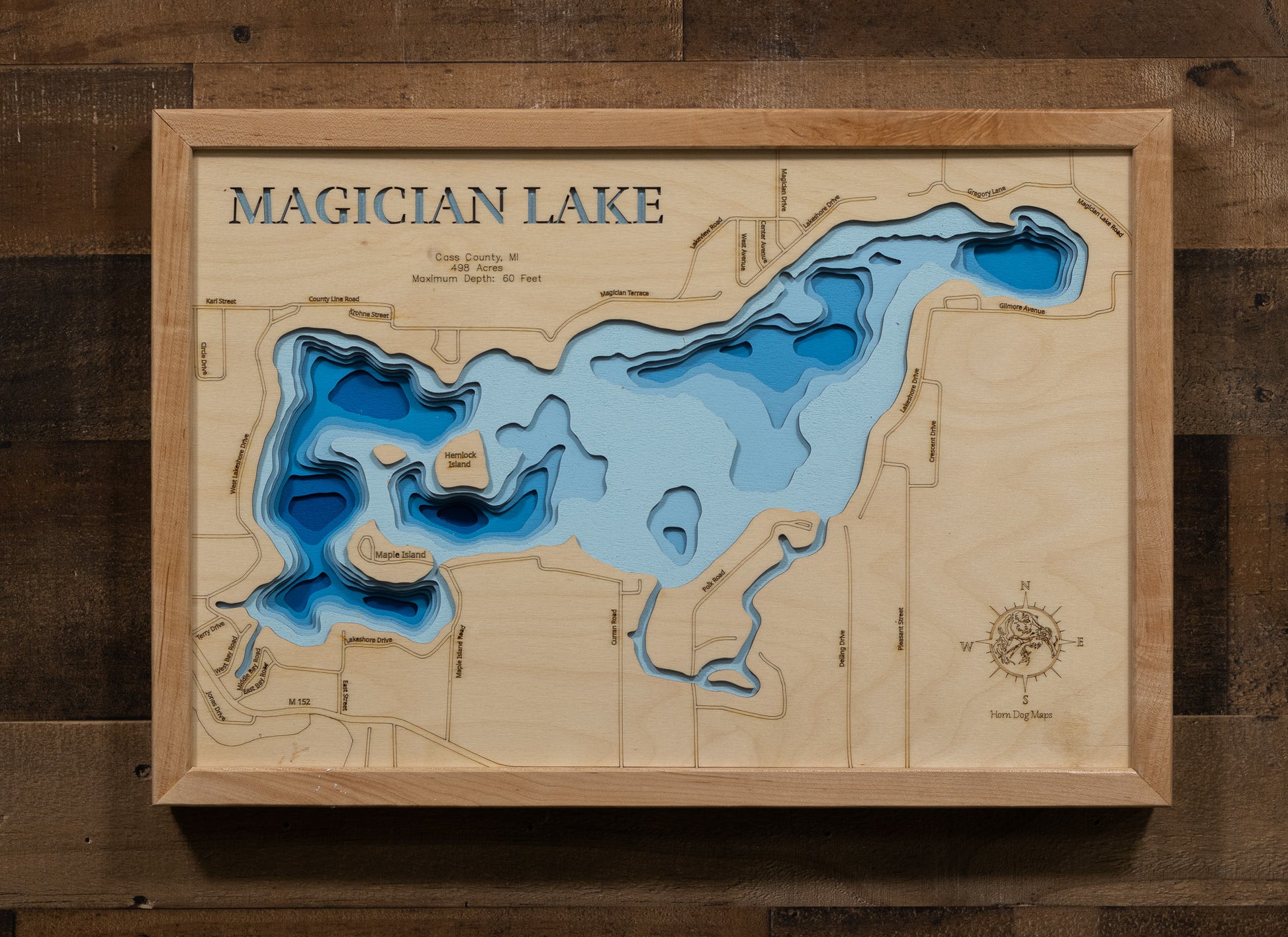 Magician Lake in Cass County, MI custom 3D wood map, perfect for home decor and gifts.