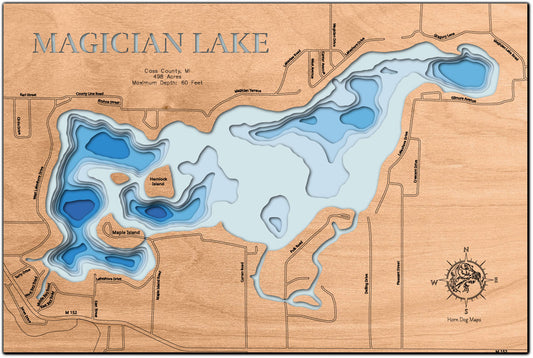 Magician Lake in Cass County, MI custom 3D wood map, perfect for home decor and gifts.