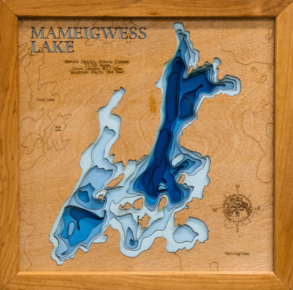 Handcrafted 3D wood map of Mameigwess Lake in Kenora District, Ontario Canada, ideal for lake enthusiasts.