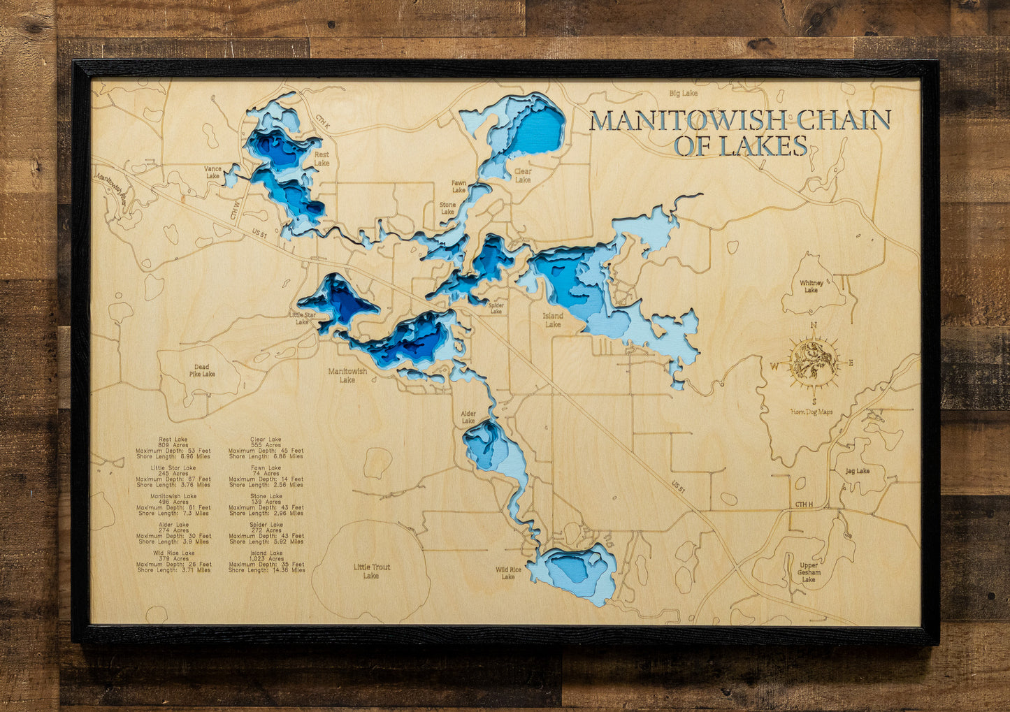 Precision-cut wooden map of Manitowish Chain of Lakes in Vilas County, WI, perfect for unique decor.