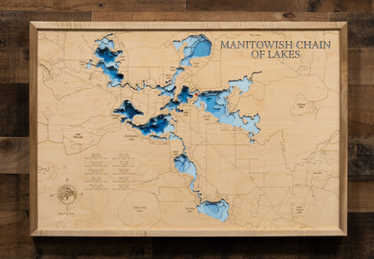 Precision-cut wooden map of Manitowish Chain of Lakes in Vilas County, WI, perfect for unique decor.