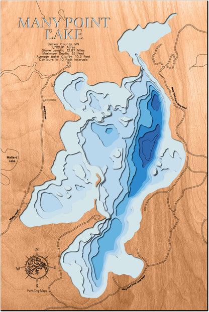 Many Point Lake in Becker County, MN in stunning 3D wood map design, with detailed topography.