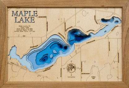 3D wooden lake map of Maple Lake in Wright County, MN, showcasing detailed depth layers and contours.