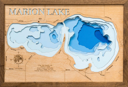 3D wooden lake map of Marion Lake in Otter Tail County, MN, showcasing detailed depth layers and contours.