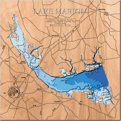 High-definition wooden relief map of Lake Marion in Clarendon, Orangeburg, Berkely, Calhoun, Sumter Counties, SC, handmade for durability.