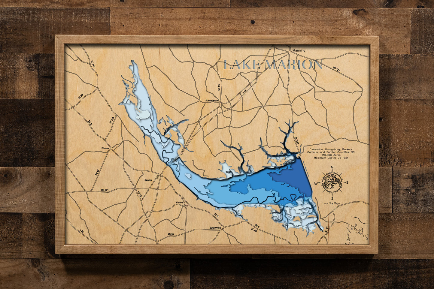 High-definition wooden relief map of Lake Marion in Clarendon, Orangeburg, Berkely, Calhoun, Sumter Counties, SC, handmade for durability.