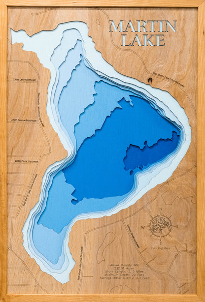 Laser-engraved relief map of 3d Lake Map of Martin Lake in Anoka County, MN, crafted from wood with high precision.