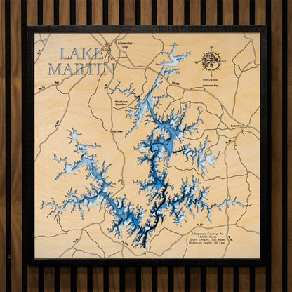 Handcrafted 3D wood map of Lake Martin in Tallapoosa, Elmore, and Coosa Counties, AL, ideal for lake enthusiasts.