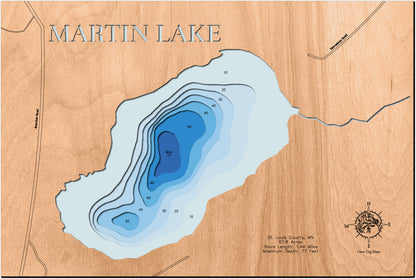 Custom wooden map of Martin Lake in St. Louis County, MN with layered depth highlights.