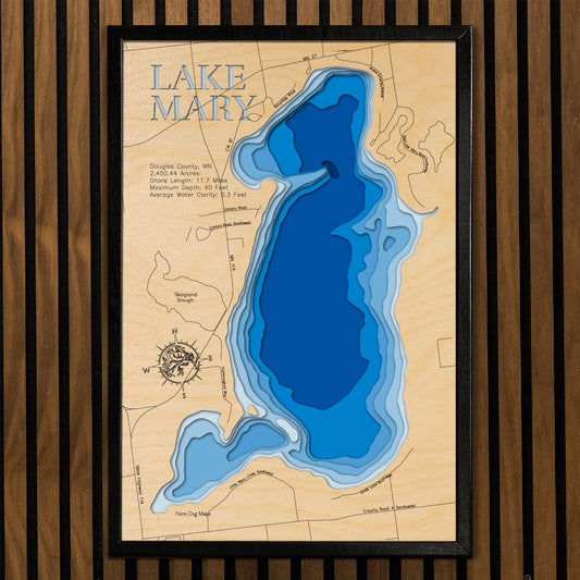 Detailed wooden relief map of Lake Mary in Douglas County, MN, showcasing its natural beauty.