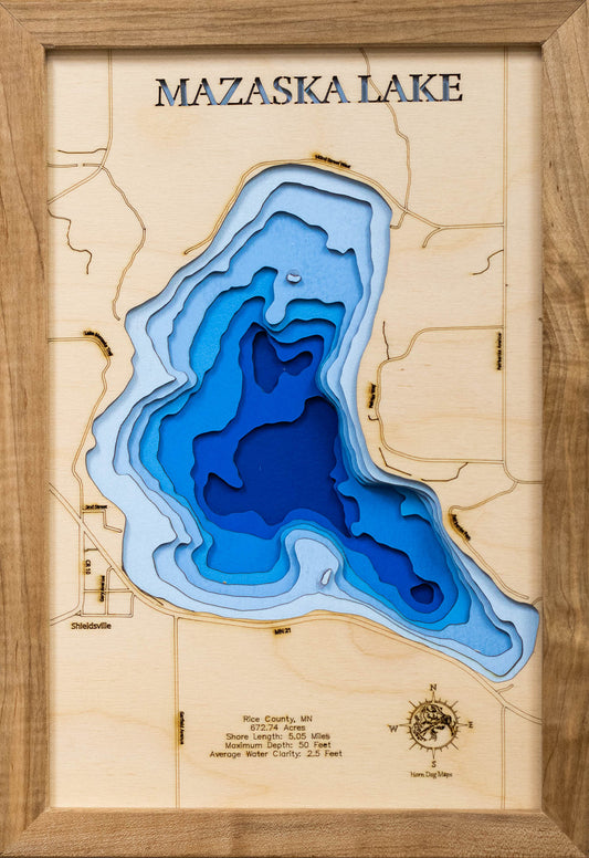 High-definition wooden relief map of Mazaska Lake in Rice County, MN, handmade for durability.